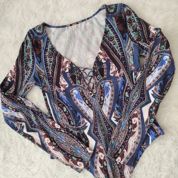 Free People Tops - Free People Printed Bodysuit M Deep-V Lace Front